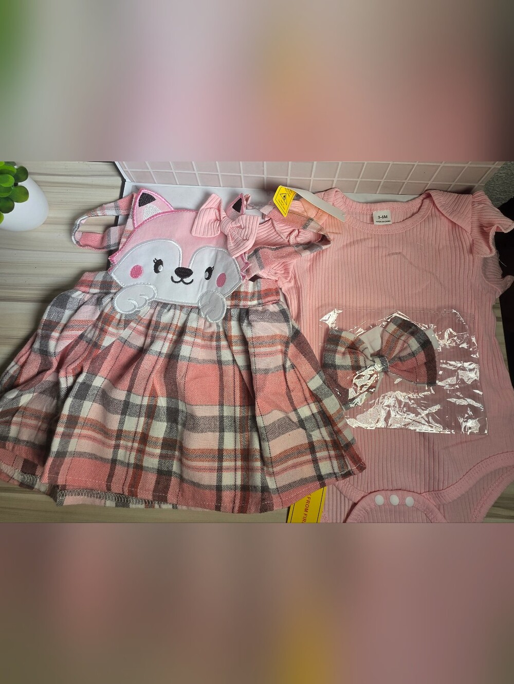 Pink Plaid Fox Dress & Pink Bodysuit Set